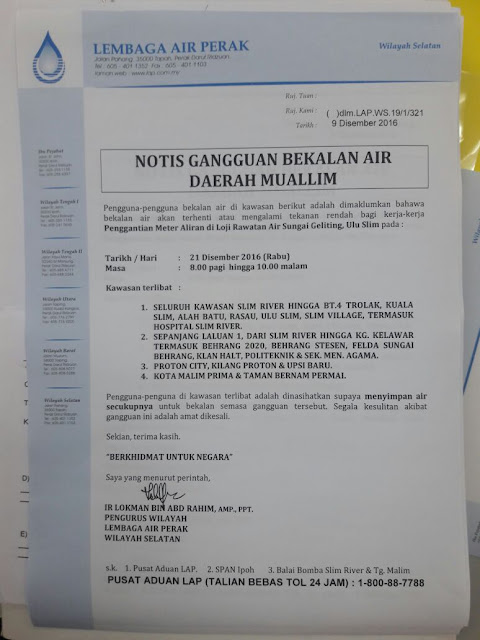 Notis Gangguan Bekalan Air Daerah Muallim Notis Gangguan Bekalan Air Daerah Muallim