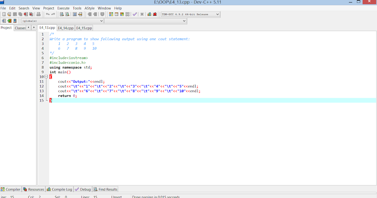 13. Program to show following output using one cout statement.