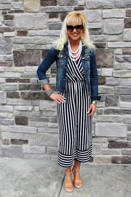 striped jumpsuit with jean jacket