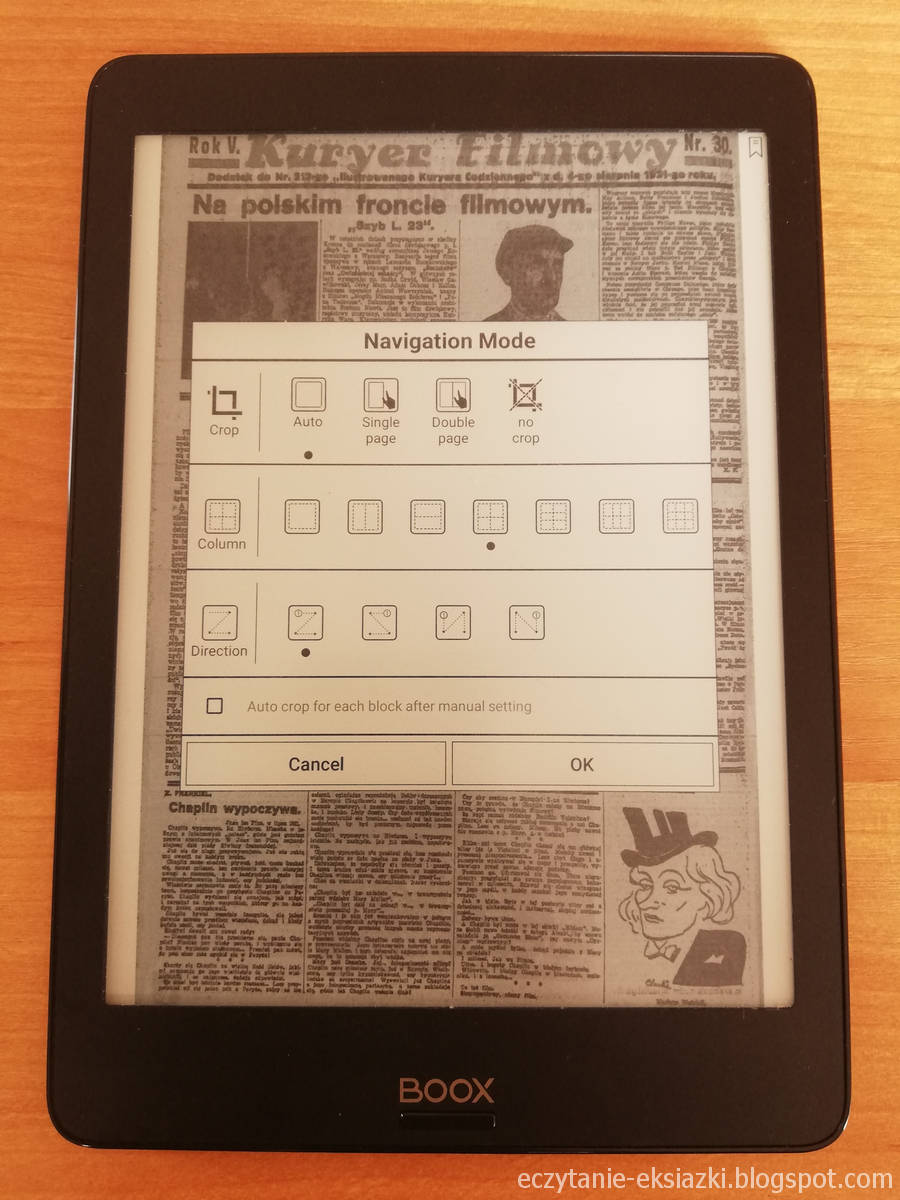 Onyx Boox Nova – ustawienia trybu nawigacji po stronie pliku PDF
