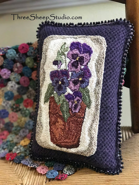 Old Fashioned Pansy Punch Needle Pillow Tuck with a glass bead picot edge by Rose Clay at ThreeSheepStudio.com Old Fashioned Pansy Punch Needle Pillow Tuck with a glass bead picot edge by Rose Clay at ThreeSheepStudio.com