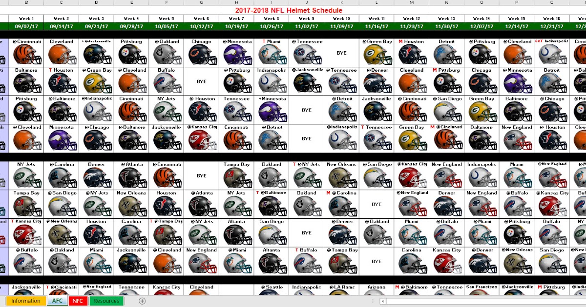 Excel Spreadsheets Help: 2017 NFL Helmet Schedule Spreadsheet