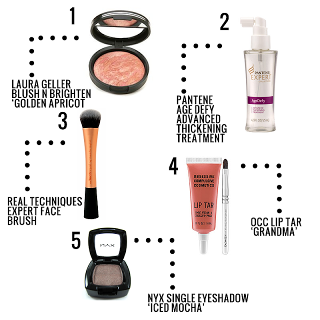 Beauty Favorites: laura geller blush n brighten golden apricot, pantene age defy thickening treatment, real teachniques expert face brush, occ lip tar, nyx iced mocha
