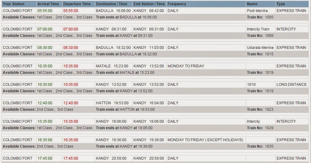 Sri Lanka Railway Time Table Matara To Colombo