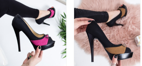 Pantofi eleganti dcupati in varf negri cu roz cu toc inalt Pantofi eleganti dcupati in varf negri cu roz cu toc inalt