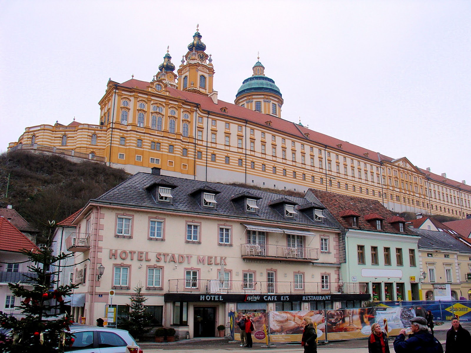 The imposing Melk Abbey looms over the tiny village of Melk below.
