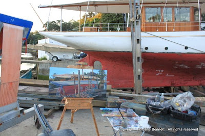 Plein air painting of the heritage schooner from the Sydney Heritage Fleet Boomerang on the slipway at Noakes Shipyard at Berry's Bay painted by industrial heritage artist Jane Bennett