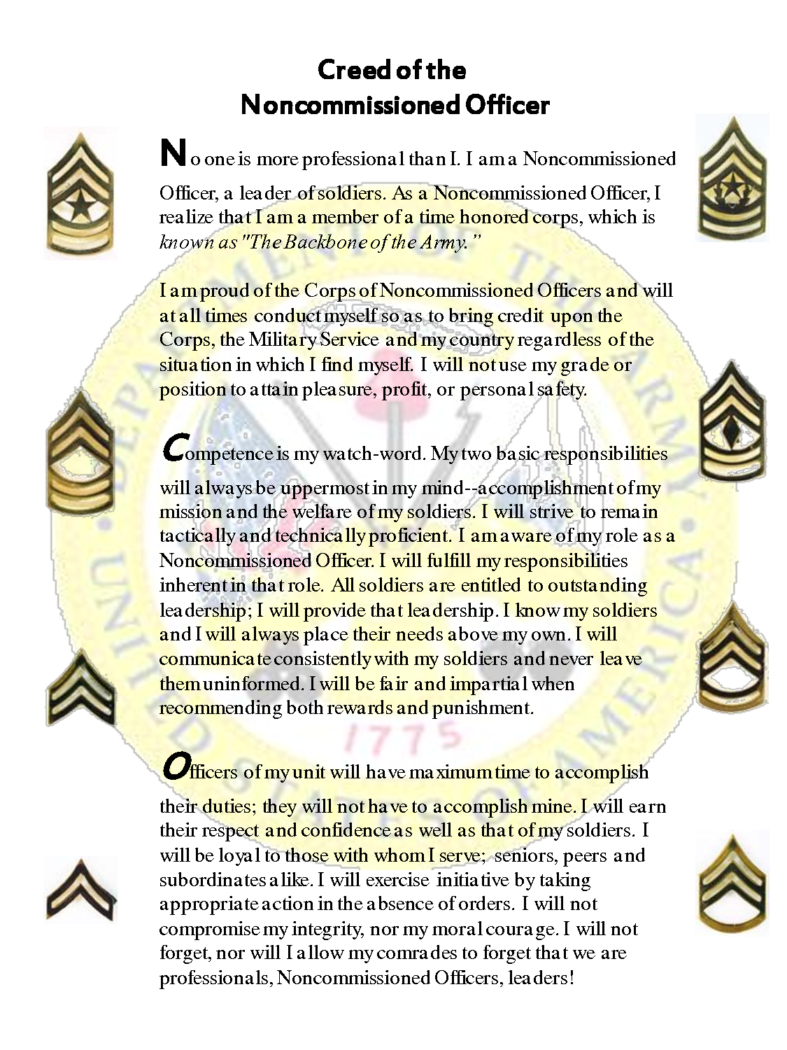 Printable Pdf Army Nco Creed Printable World Holiday Printable Pdf Army Nco Creed Printable World Holiday