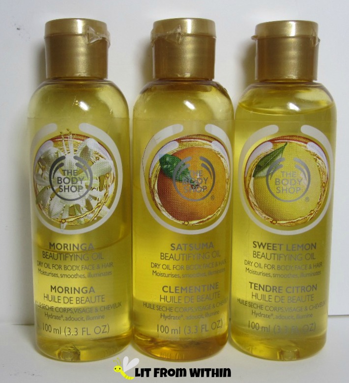 Beautifying Oils from The Body Shop in Moringa, Satsuma, and Sweet Lemon.