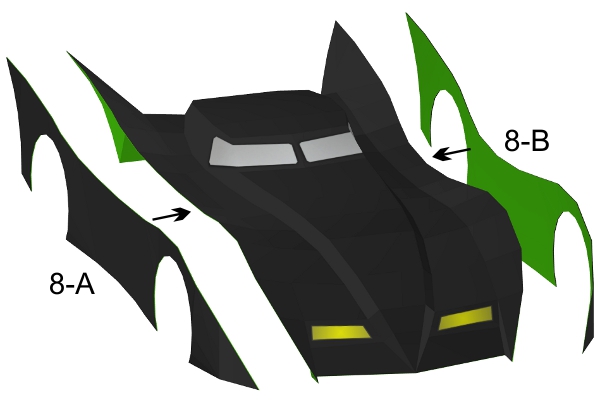 Step 8 in Batmobile paper model build instruction Step 8 in Batmobile paper model build instruction