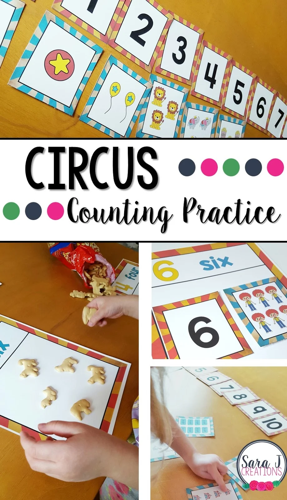 Cute ideas for using FREE circus themed number cards to practice sequencing, matching and 1 to 1 correspondence for numbers 1-10.