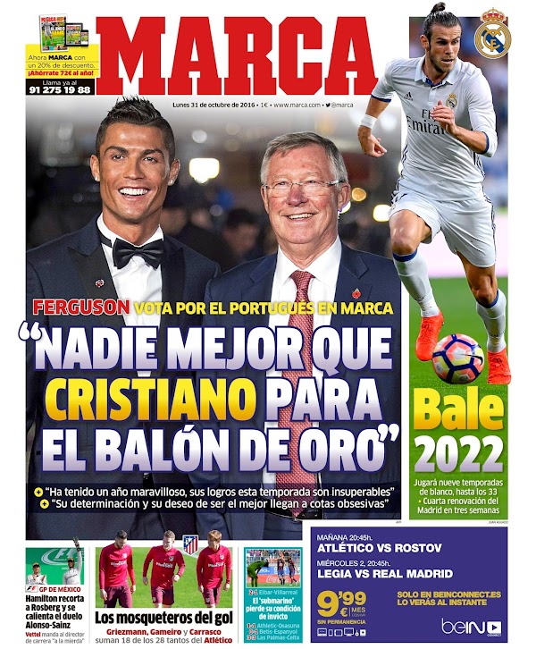 Alex Ferguson, Marca: "Nadie mejor que Cristiano para el Balón de Oro"