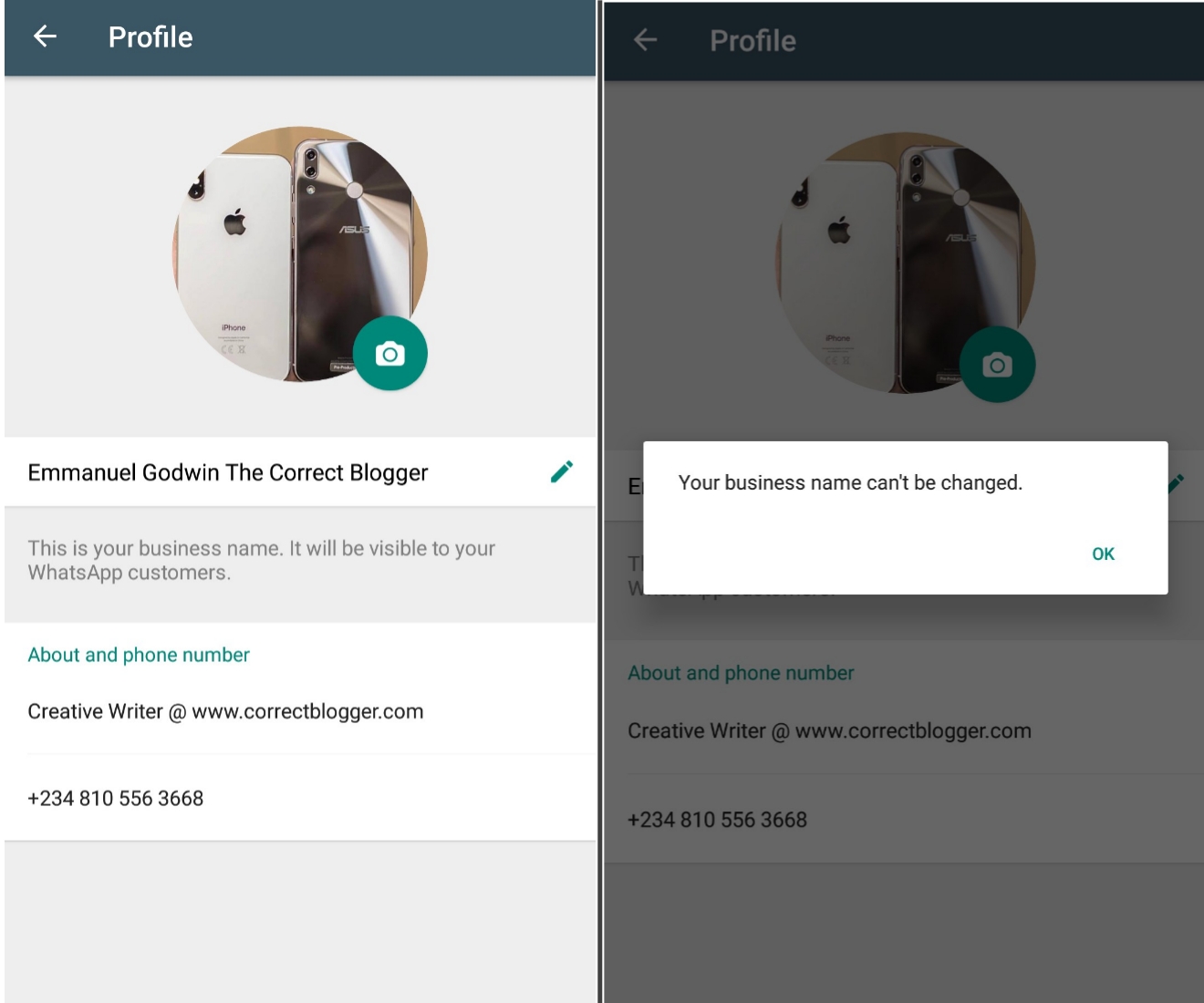 Setting up business name on the whatsapp business app