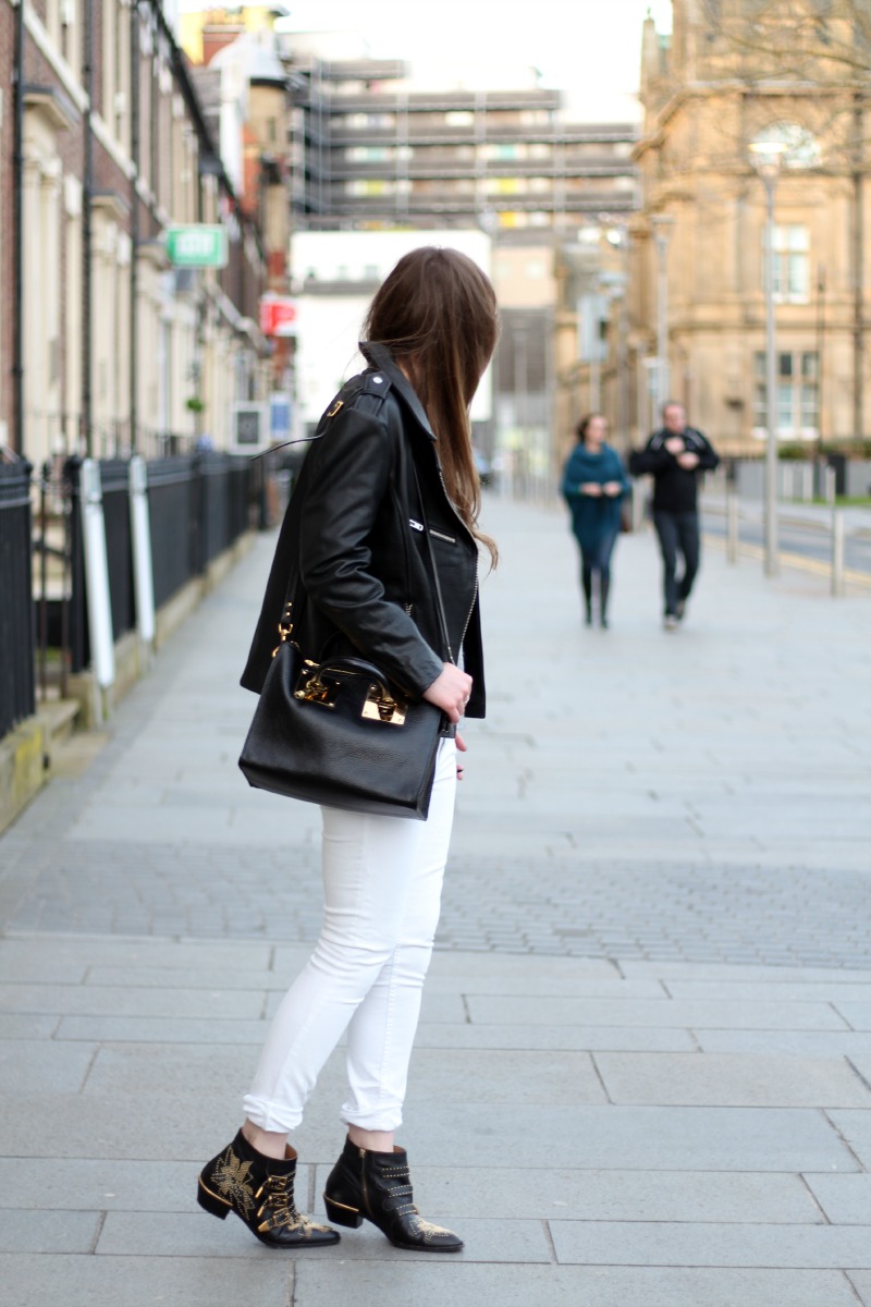 white jeans, leather jacket, chloe boots 