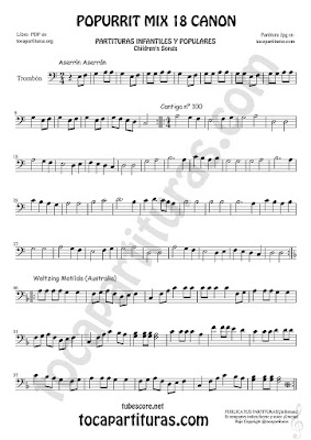 Partitura de Trombón y Bombardino Sheet Music for Popurrí Mix 18 Aserrín Aserrán Infantil, Cantiga nº 100 y Waltzing Matilda Trombone and Euphonium  