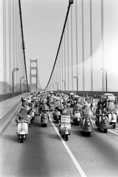 scooters, golden gate bridge, 1960's