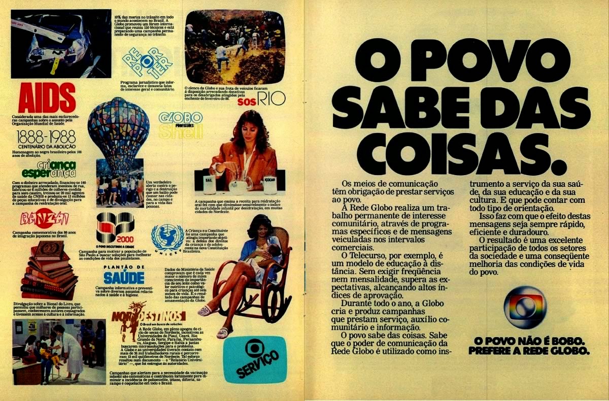 Propaganda da Rede Globo em 1988: prestação de serviços com a sociedade brasileira.