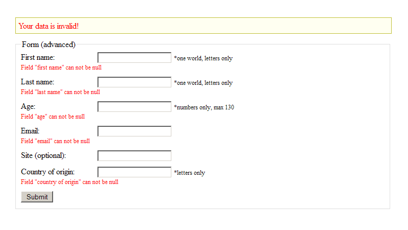 Invalid form. Invalid key. First name. Form registration javascript. Form invalid.