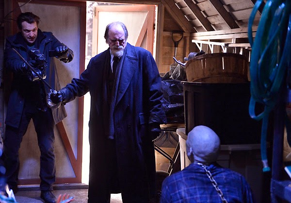 Corey Stoll and David Bradley as Dr. Ephraim Eph Goodweather and Abraham Setrakian about to kill infected Ansel Barbour in The Strain Runaways