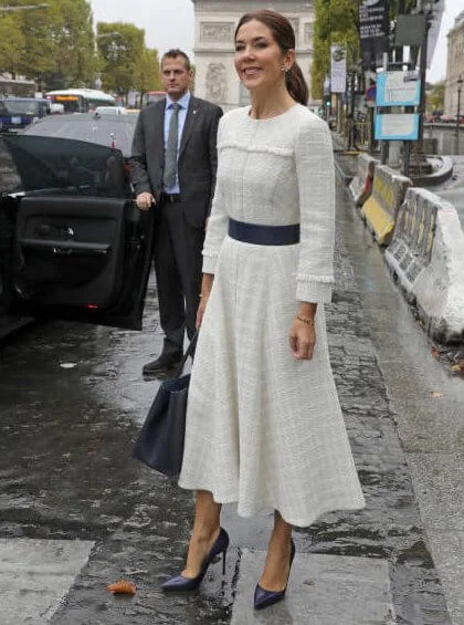 Crown Princess Mary wore a dress by Ole Yde Copenhagen, Gianvito Rossi pumps and carried Prada bag