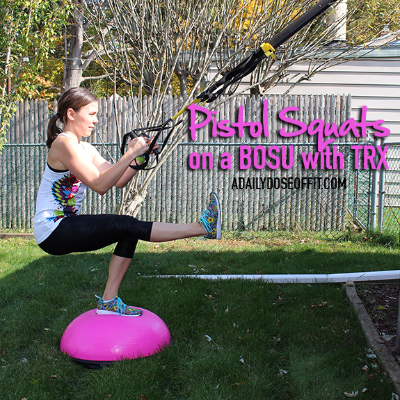 Pistol Squats on a BOSU with the TRX straps make for an awesome leg day challenge.