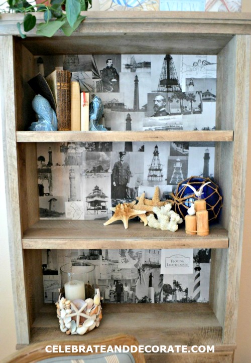 DIY Back of Bookcase Photo Collage Idea