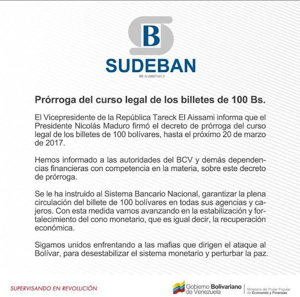 Oficializan en Gaceta 41.098 prórroga para la circulación de los billetes de cien bolívares hasta el 20 de marzo Oficializan en Gaceta 41.098 prórroga para la circulación de los billetes de cien bolívares hasta el 20 de marzo