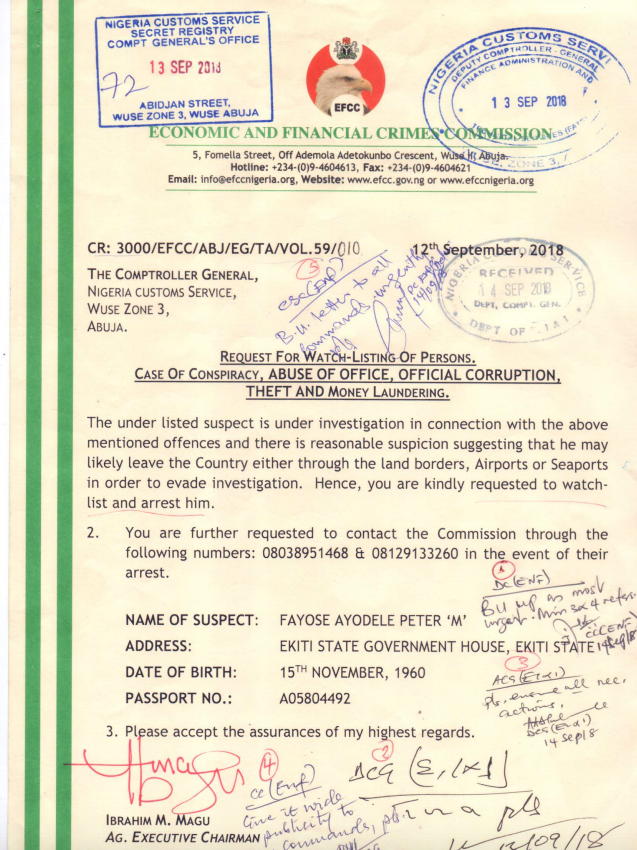 Place Fayose On Your Watch List EFCC Tells Customs (See Letter) CKN
