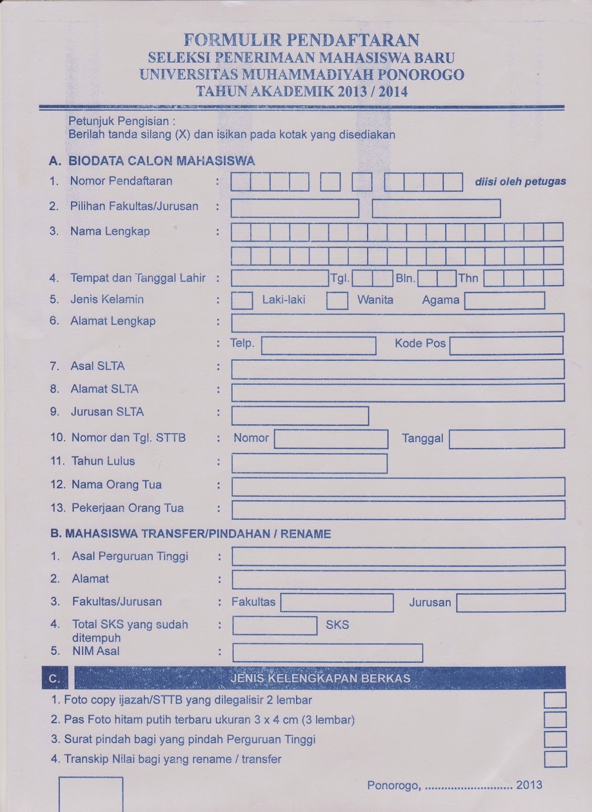 Contoh formulir  pendaftaran anggota baru organisasi 