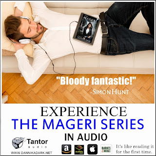 Man lying on sofa, hands locked behind his head, listening to an audio book of the Mageri series. Caption reads "Bloody fantastic!"