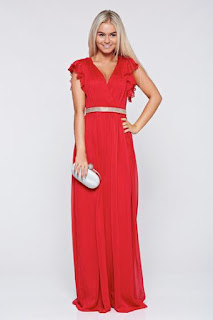 Rochie Artista rosie de ocazie din material vaporos cu decolteu adanc1