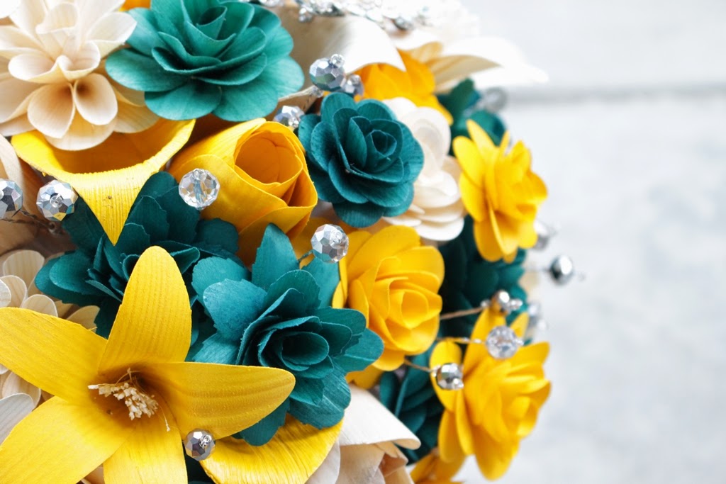 Teal, Mustard Yellow and Gray Wedding: Bouquets Made of Wood and