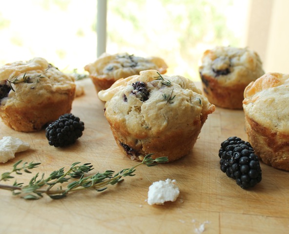 Food Lust People Love: Savory muffins with fresh thyme, goat cheese and blackberries, these thyme chèvre blackberry muffins make a most delicious breakfast or tea time treat. They are also perfect with a glass of wine!