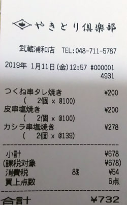 やきとり倶楽部 武蔵浦和店 2019/1/11購入レシート
