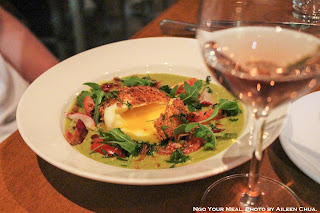 Creamy Asparagus Velouté, Soft Breaded Fried Egg, Herbs, and Bacon at Le Garage Creamy Asparagus Velouté, Soft Breaded Fried Egg, Herbs, and Bacon at Le Garage