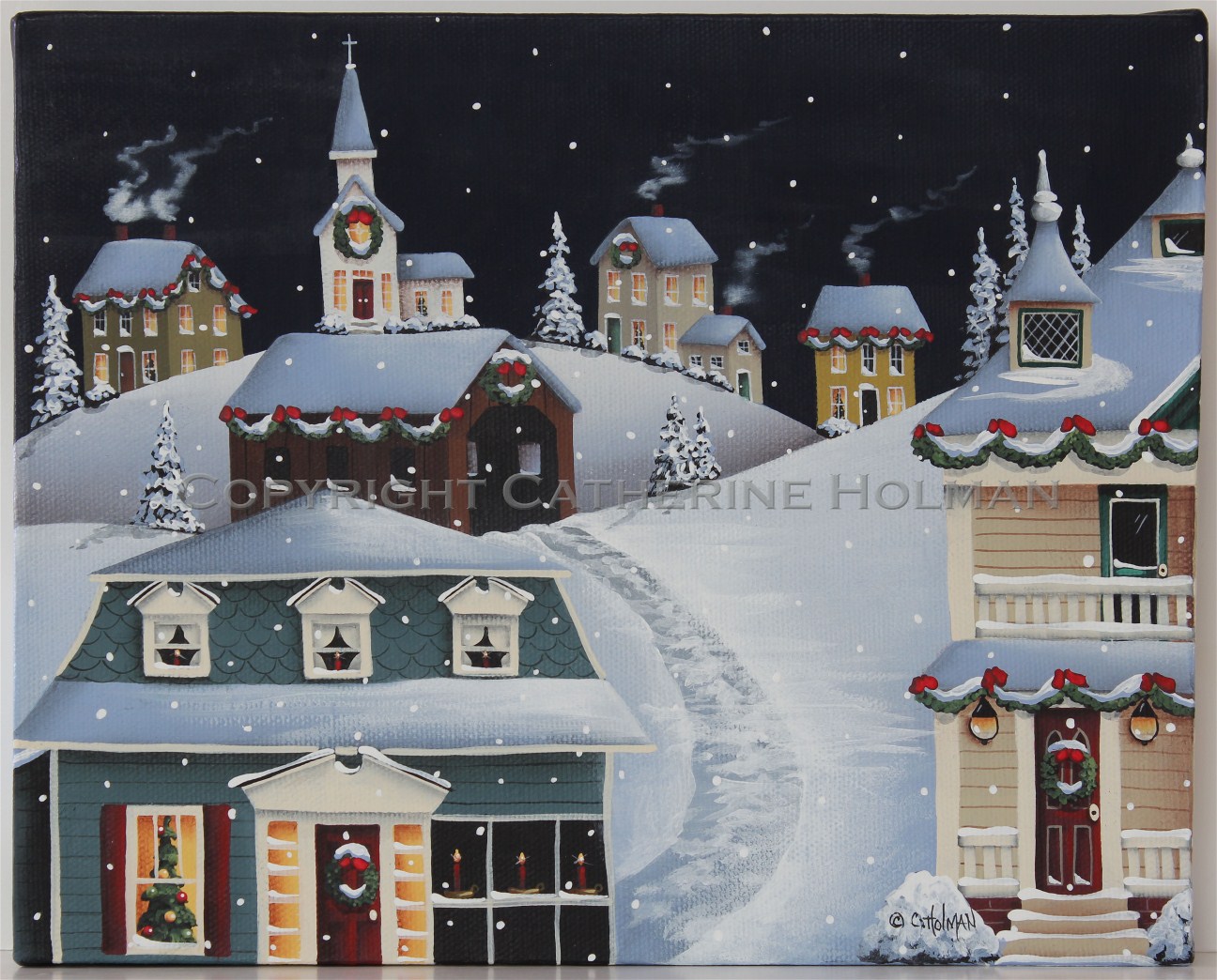 Catherine Holman Folk Art: Tinsel Town Christmas Folk Art Painting