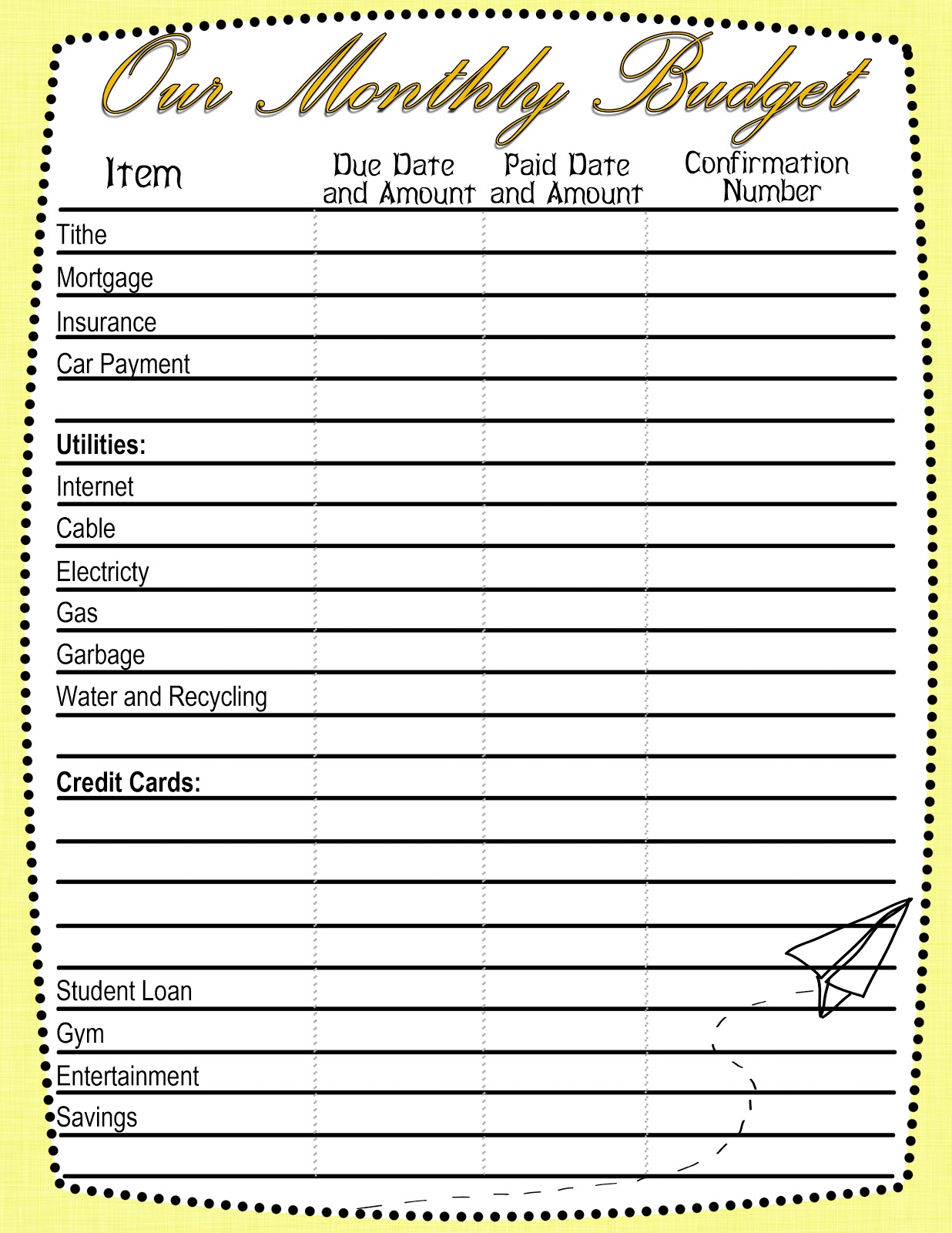 Household Budget Template Free Printable