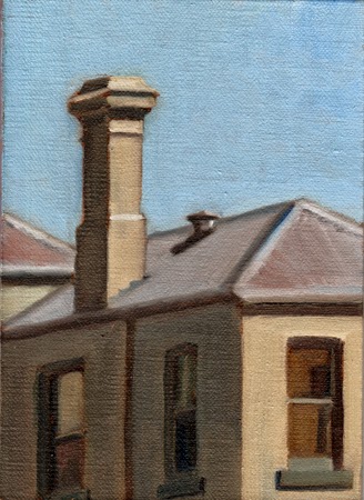 Oil painting of a grey-green Victorian house and chimney.