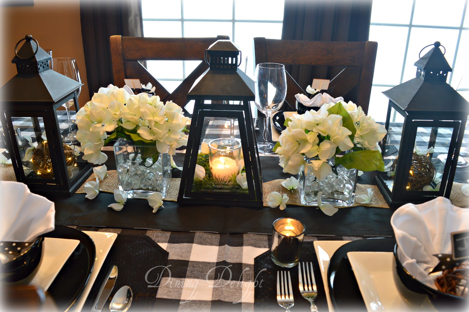 Dining Delight Black Lanterns & Buffalo Check Tablescape