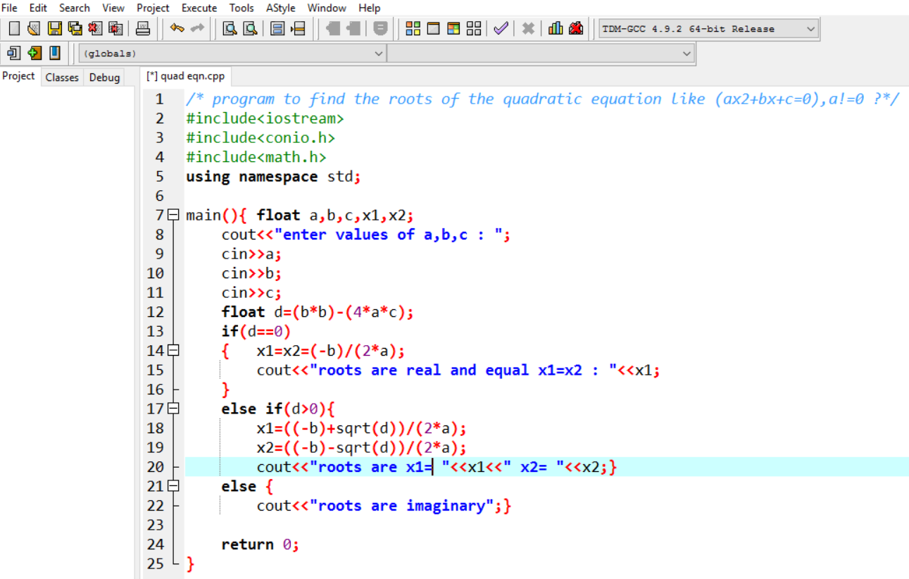 Learn c c with asrr nested if else to find the roots of