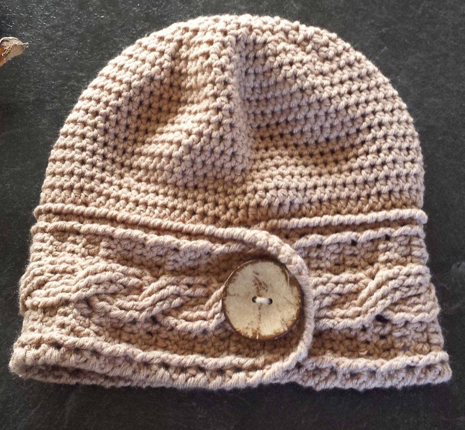 Cabled Headband Hat w/big Button free crochet pattern