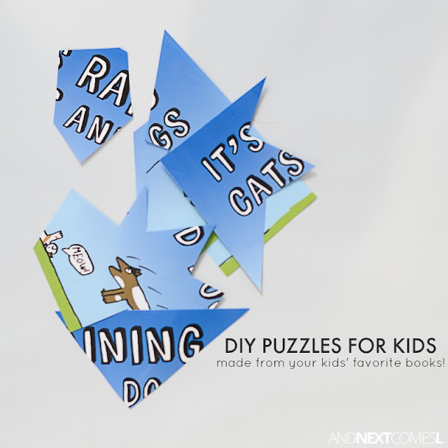 Easy DIY puzzles for kids using dust jackets from their favorite picture books from And Next Comes L