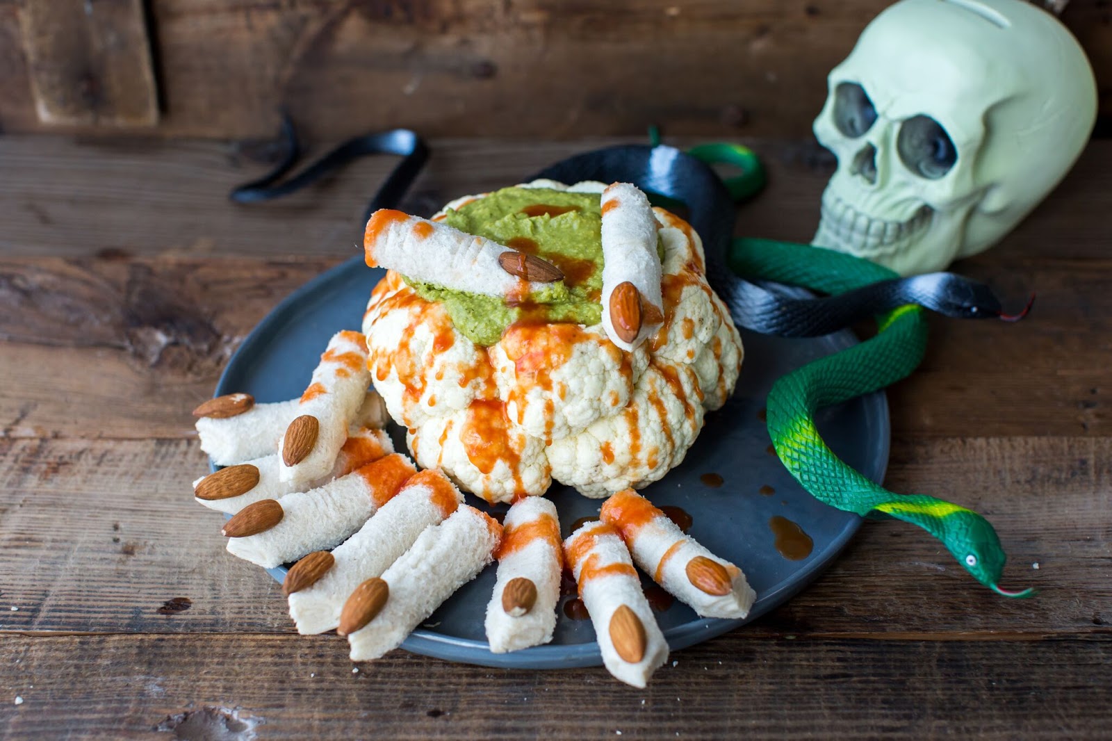 Roasted Cauliflower Brain With Green Slime Hummus And Dead Man’s Finger Sandwiches