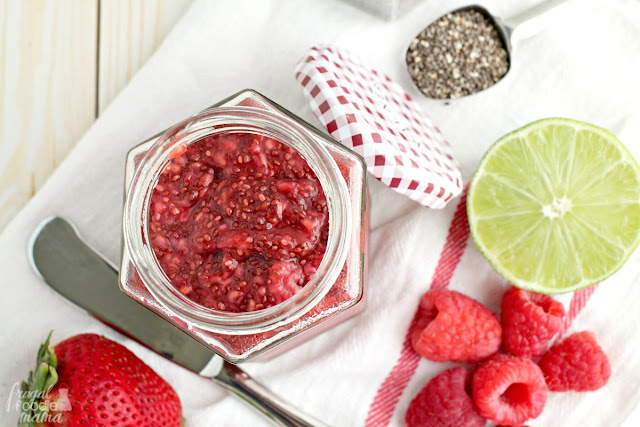 This easy to make & low-sugar Strawberry-Raspberry Lime Chia Jam is the perfect combination of fresh strawberries, sweet raspberries, and tart lime.