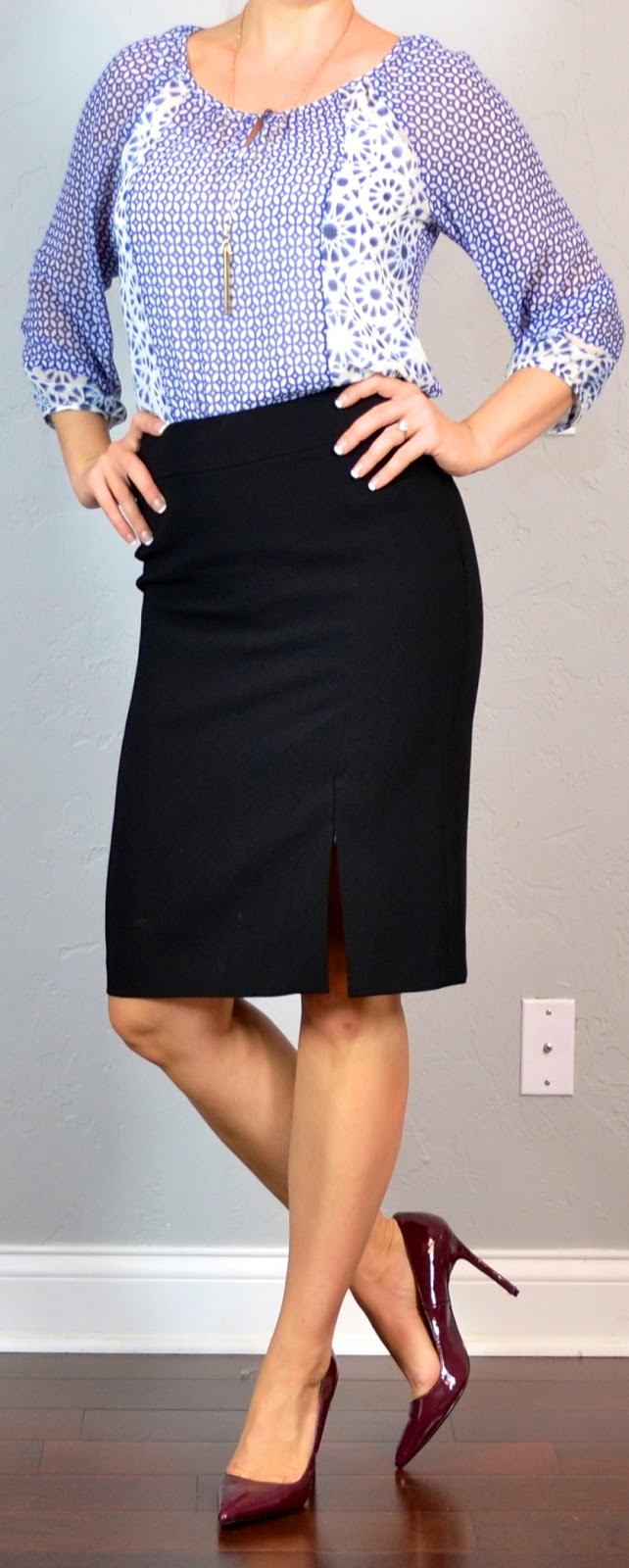 outfit post: printed three-quarter sleeve blouse, black pencil skirt ...