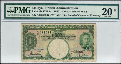 green 1940 Board of Commissioners of Currency Malaya $1 Dollar banknote green 1 dollar malaya