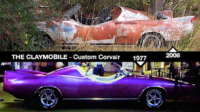 Claymobile in 2008, in a state of disrepair, and at a 1977 Eastwood Mall car show with Claymobile in purple metallic paint.