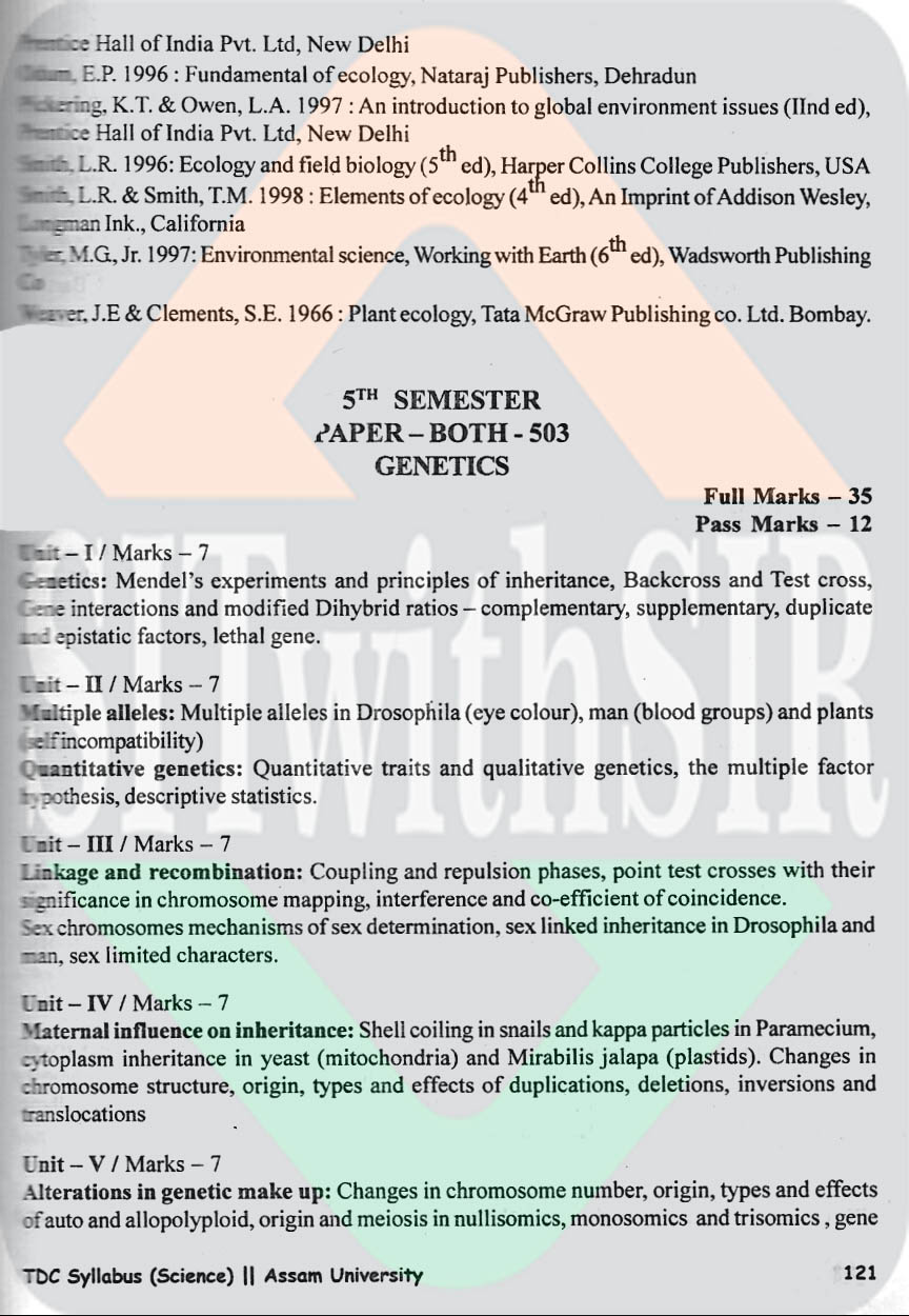 Botany Honours Syllabus for 5th semester of Assam University Silchar