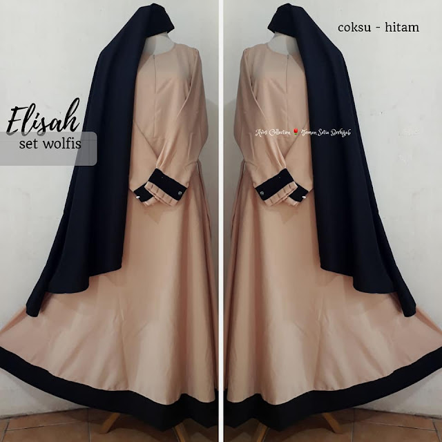 Gamis plus khimar elisah set wolfis warna coksu - hitam Gamis plus khimar elisah set wolfis warna coksu - hitam