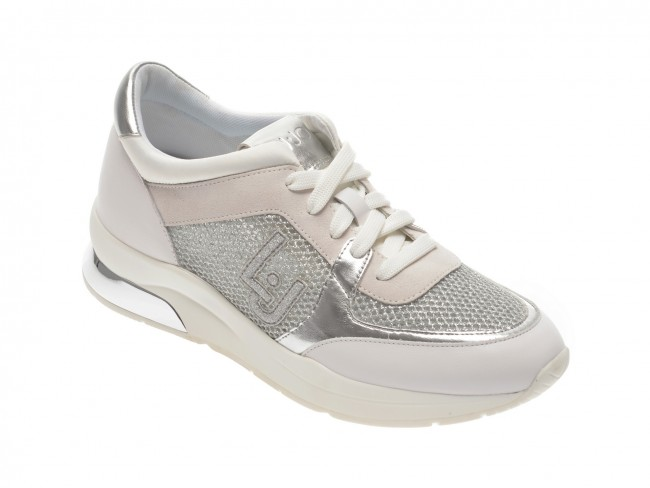 Pantofi sport LIU JO albi cu argintiu din material textil si piele eco Pantofi sport LIU JO albi cu argintiu din material textil si piele eco